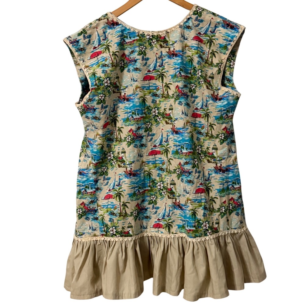Tropical Hawaiian Beach Scene Ruffle Hem Mini Dress Size XL Tan Blue Handmade - Picture 5 of 8